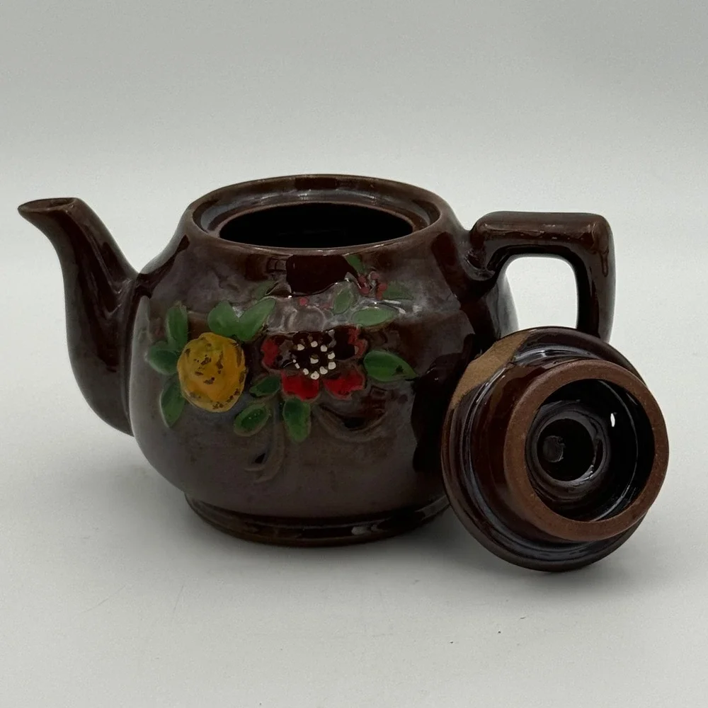Vintage Made in Japan Brown Glazed Ceramic Floral Teapot Hand Painted 4.5 Inch